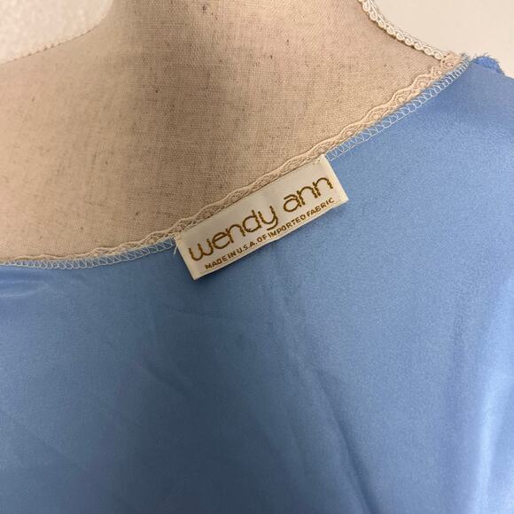 Vintage Wendy Ann Blue Satin Lace Trim Robe Kimono Wrap Dress Loungewear Large - Picture 7 of 8